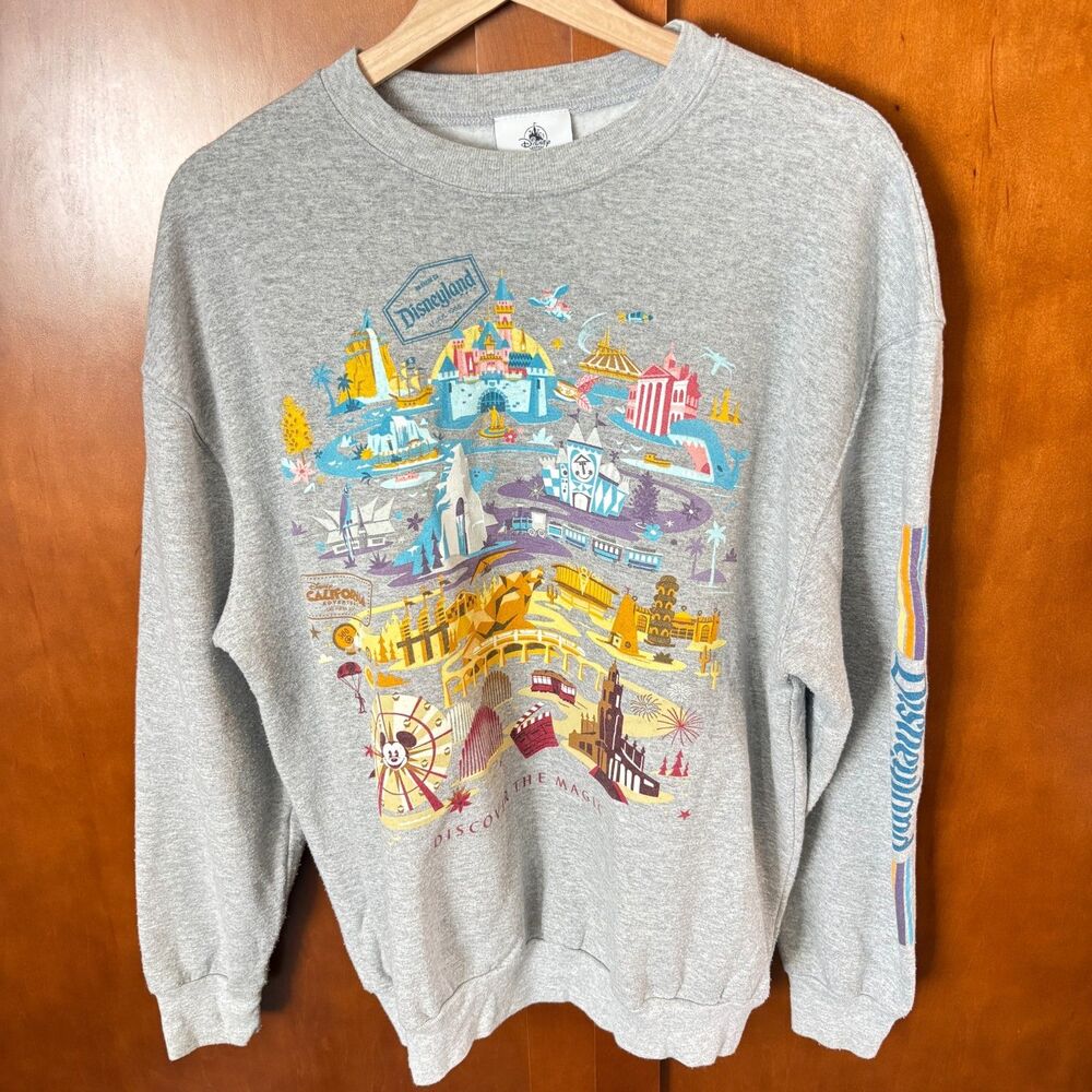 DISNEY PARKS Gray Crewneck Sweatshirt Unisex Size Large Front and Back Graphics
